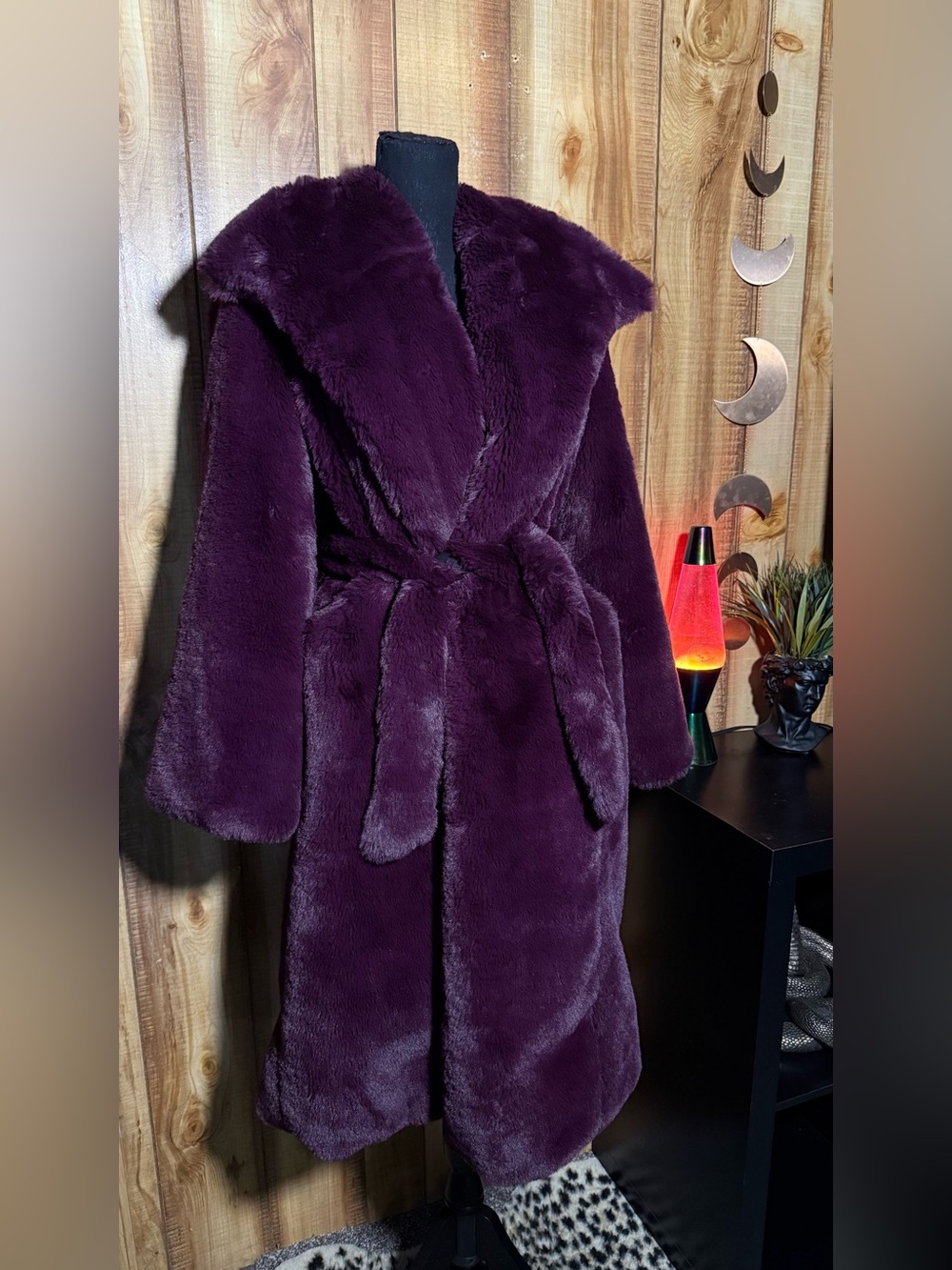 Anthropologie Plush Faux Fur Coat in Deep Plum